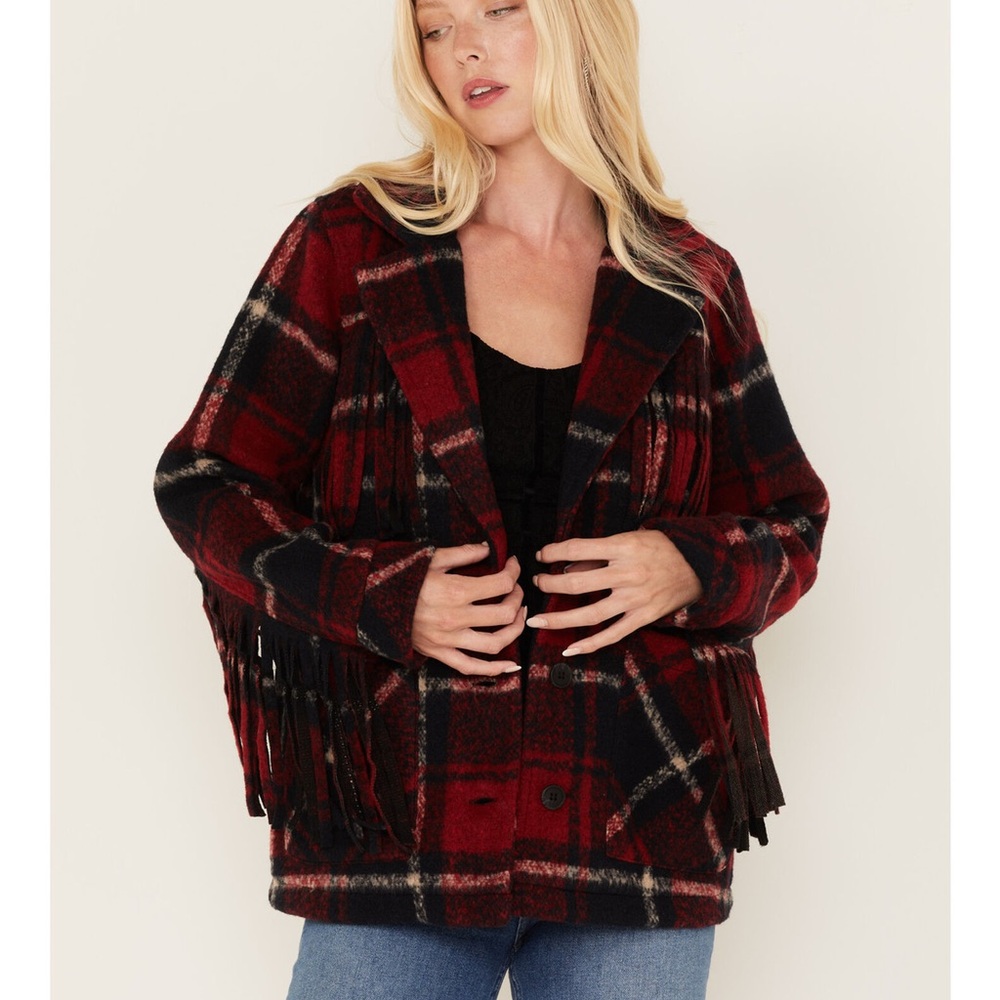 Idyllwind Cozy Red Plaid Fringe Jacket
